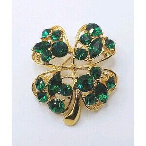 Vintage Gold Tone 4 Leaf Clover Pin Brooch Signed JC Green Rhinestones 1.25"